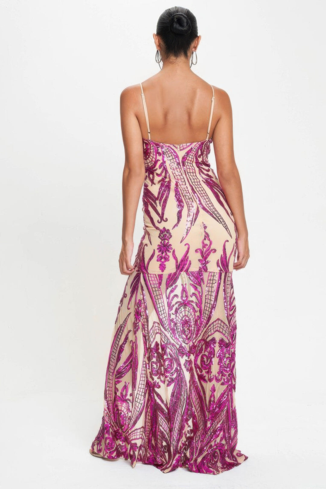 Spaghetti Strap Art Deco Sequins Maxi Dress Fuchsia