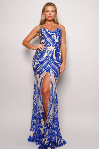 Royal Blue Art Deco Sequin Maxi Dress