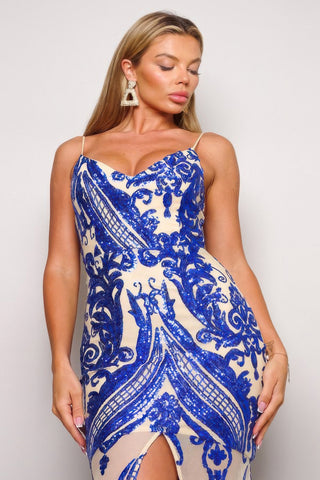 Royal Blue Art Deco Sequin Maxi Dress