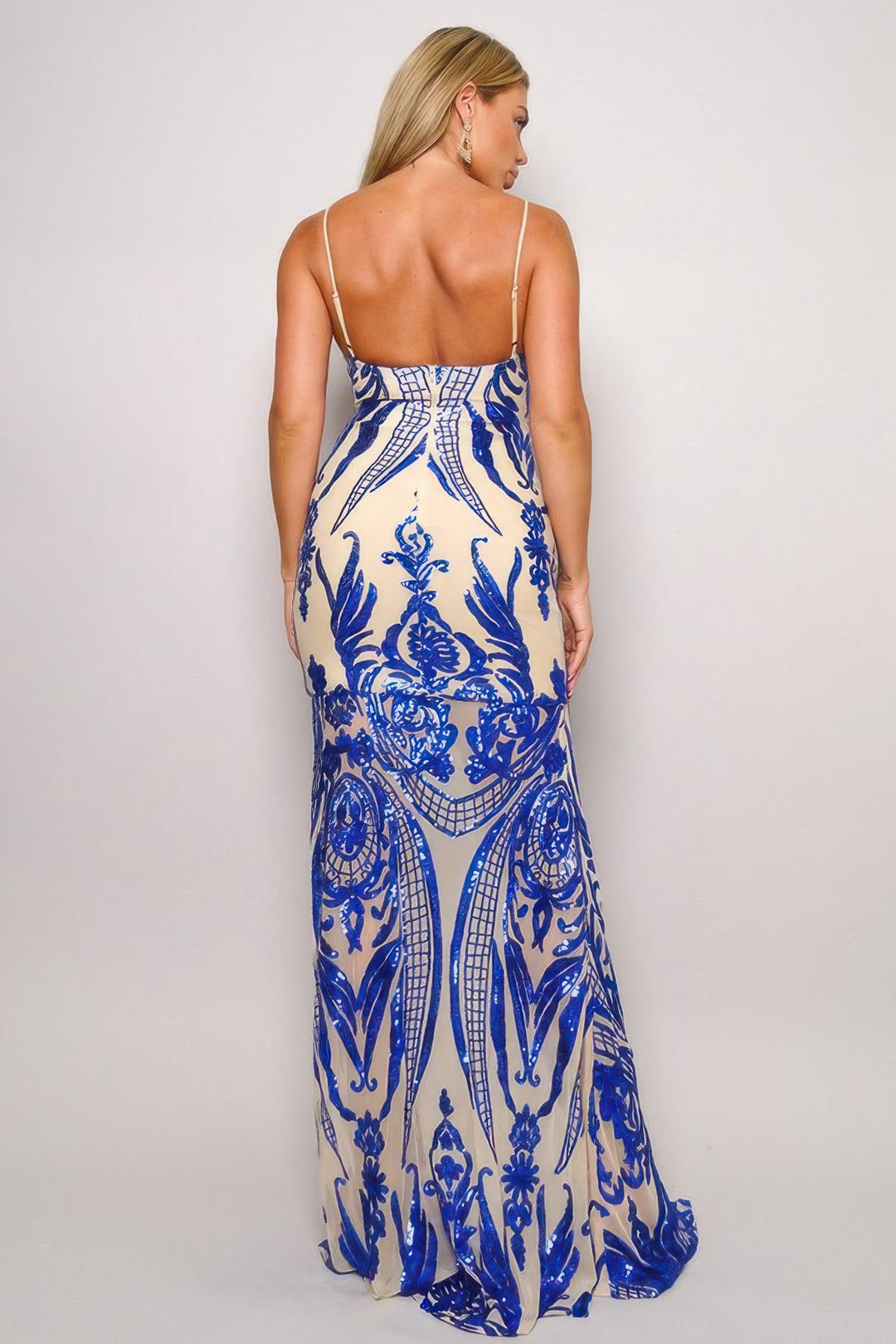 Spaghetti Strap Art Deco Sequins Maxi Dress Royal Blue