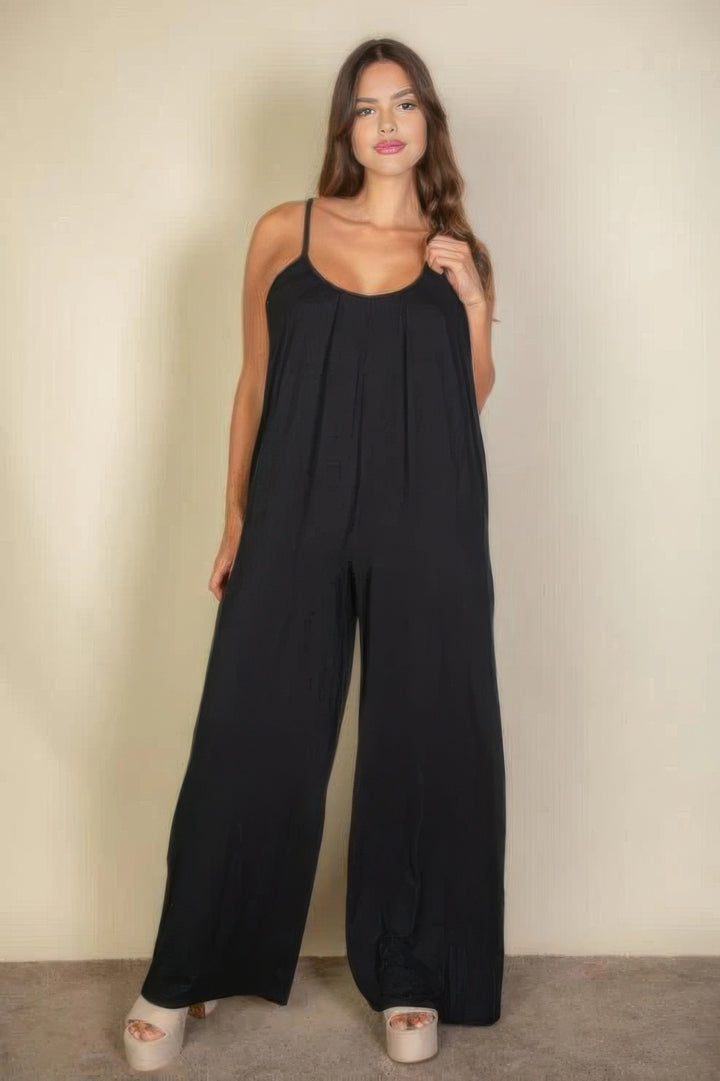 Plus Spaghetti Strap Solid Wide Jumpsuit Black