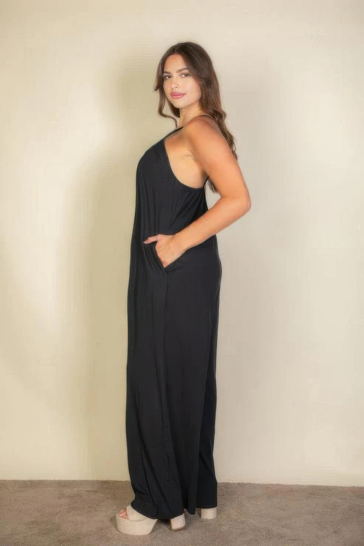 Plus Spaghetti Strap Solid Wide Jumpsuit Black