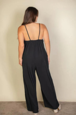 Plus Spaghetti Strap Solid Wide Jumpsuit Black