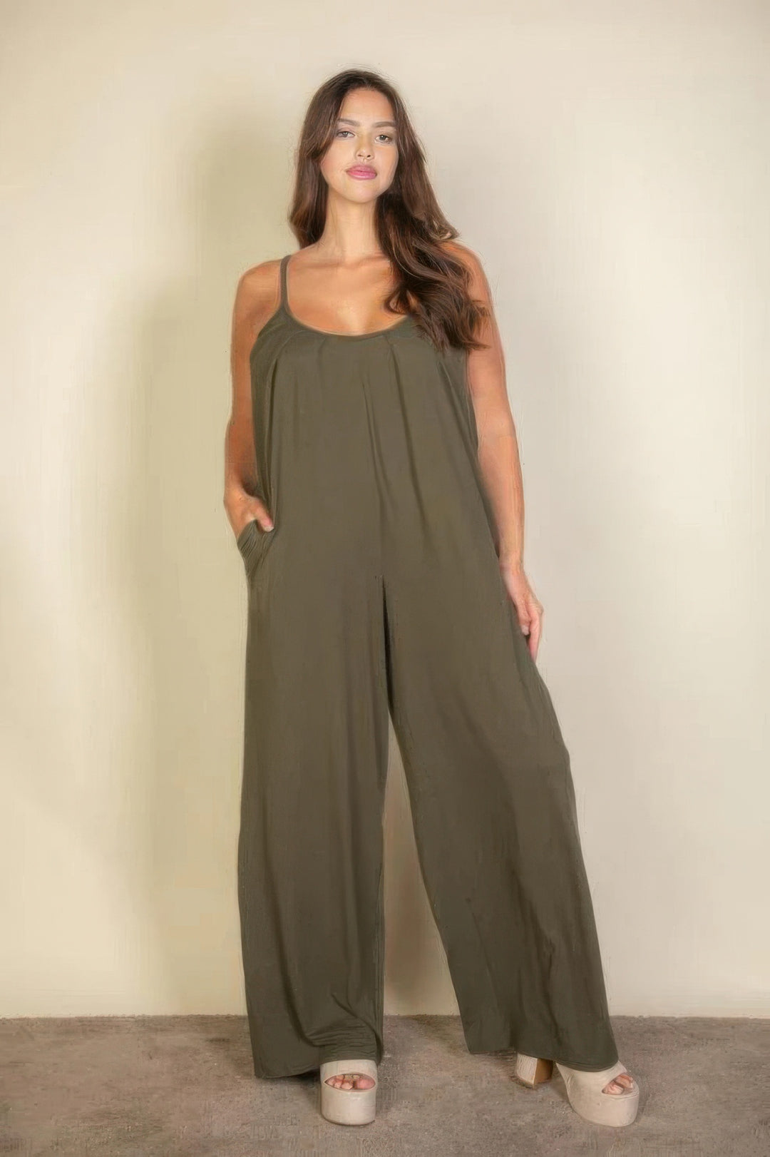 Plus spaghetti strap solid wide jumpsuit Olive