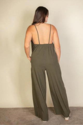 Plus spaghetti strap solid wide jumpsuit Olive