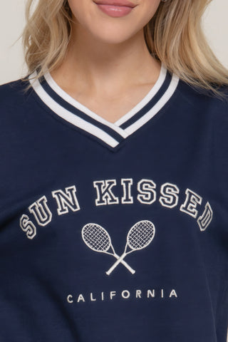 Long Sleeve V-neck Embroidered Sweatshirt