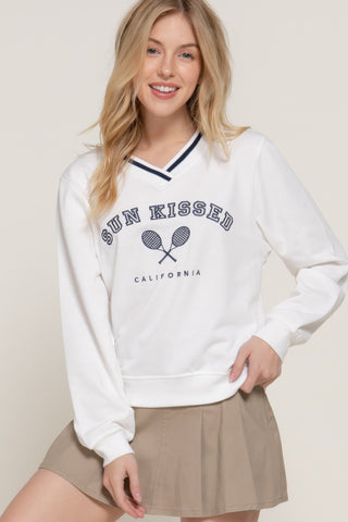 Long Sleeve V-neck Embroidered Sweatshirt White