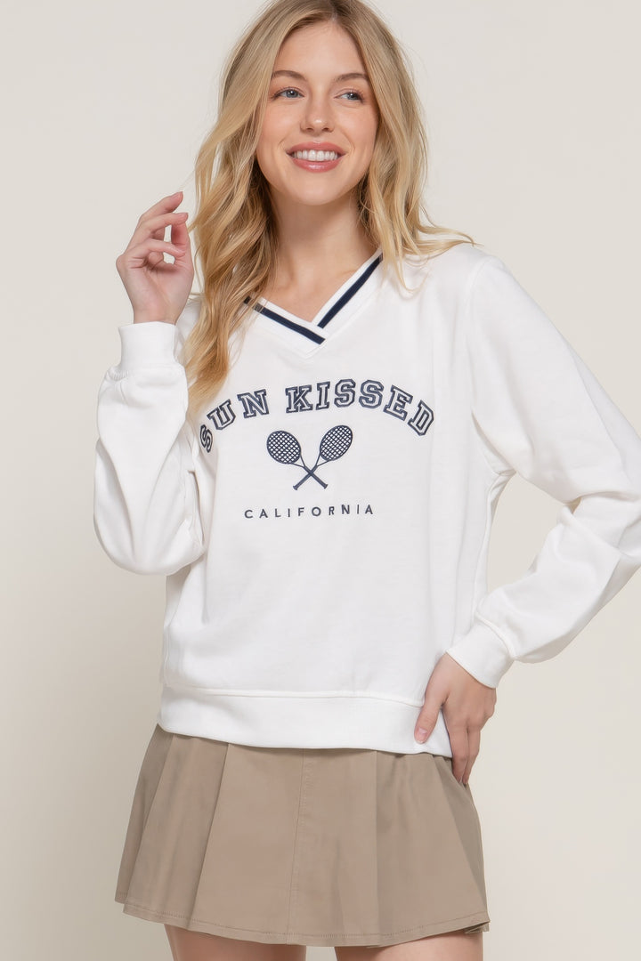 Long Sleeve V-neck Embroidered Sweatshirt White