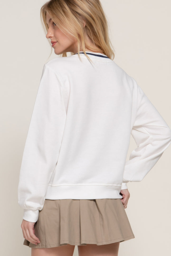 Long Sleeve V-neck Embroidered Sweatshirt White