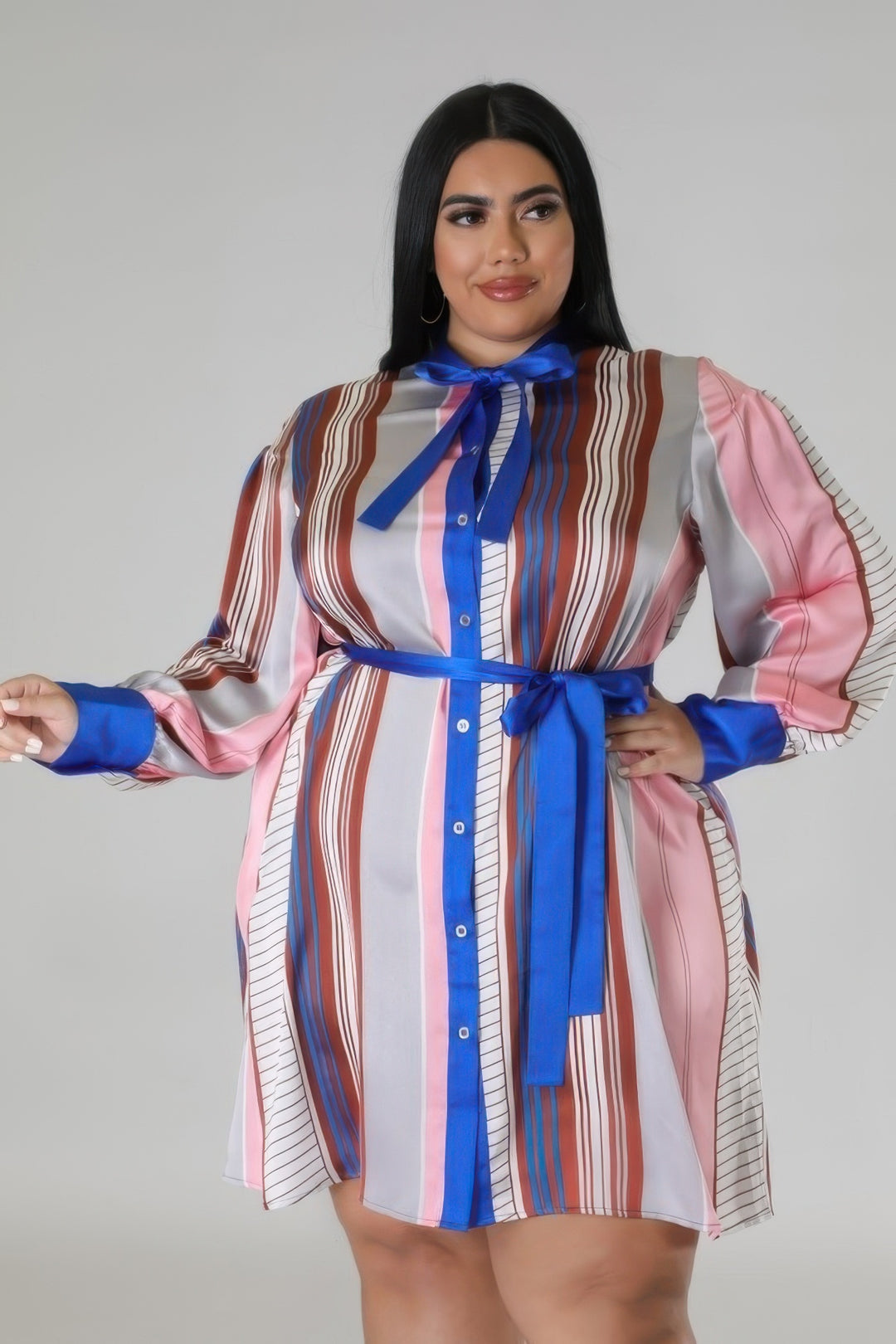 Long Sleeves Non-stretch Dress Brown/Blue