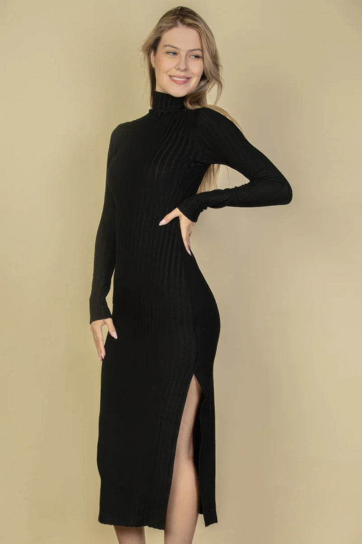 Sweater-knit Fuzzy Turtle Neck Split Thigh Dress Black