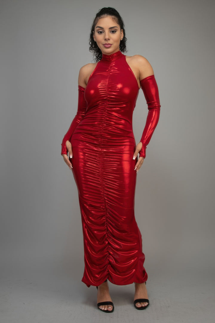 Metallic Ruched Dress With Sleeves Red