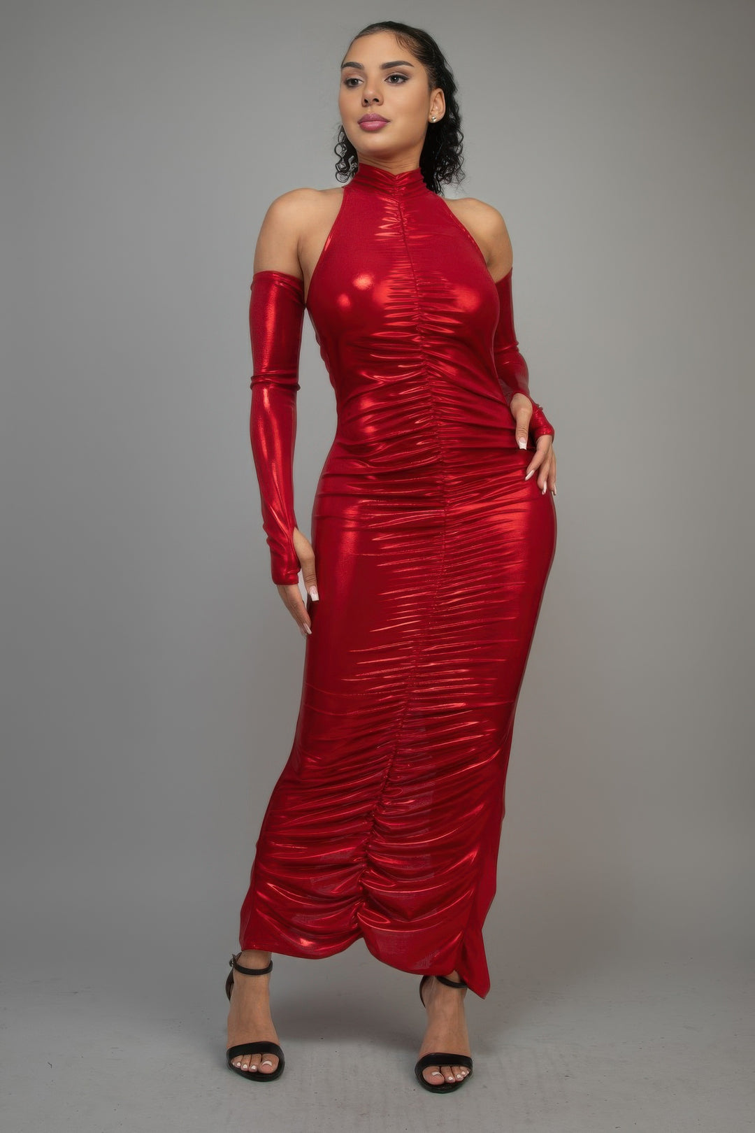 Metallic Ruched Dress With Sleeves Red