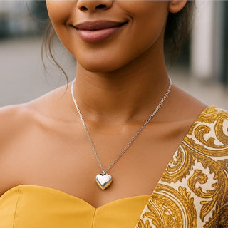 Sterling Silver Rhodium Plated Large Puffed Heart Long Necklace