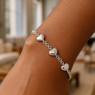 Sterling Silver Rhodium Plated Puffed Triple Heart Bracelet