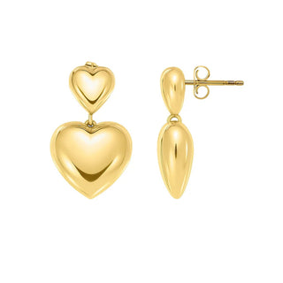Sterling Silver Yellow Gold Plated Puffed Double Heart Drop Earrings