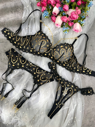 Opulent Lace Pearl-Embellished Lingerie Set