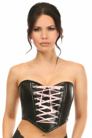 Lavish Black Faux Leather w/Pink Lace-Up Bustier