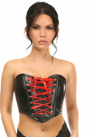 Lavish Black Faux Leather w/Red Lace-Up Bustier