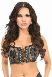 Lavish Black Fishnet & Faux Leather Lace-Up Short Bustier Top