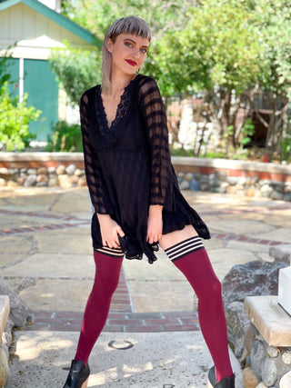 Heather: Cabernet Opaque Thigh Highs. Petite to Plus Size