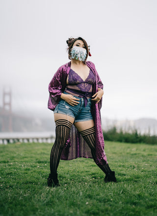 Lindsay: Foot Loose & Fancy Free, Footless Black Stripe Fishnet Thigh Highs. Petite to Plus Size