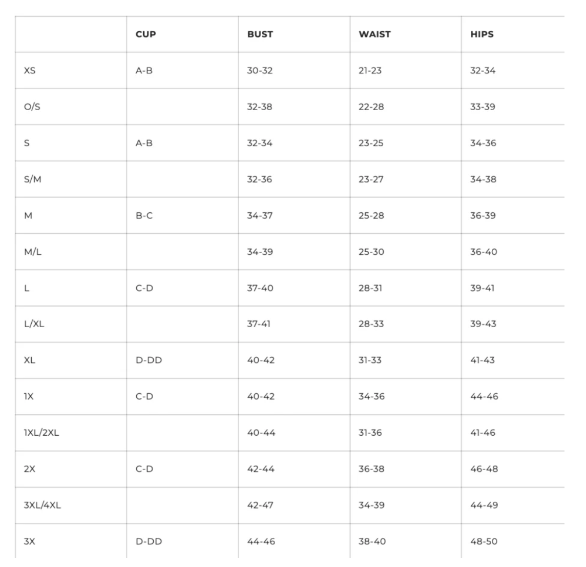 Size chart