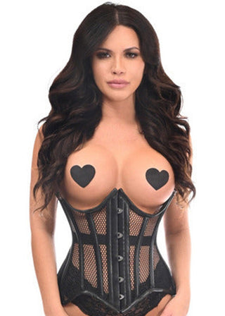 Top Drawer Black Fishnet & Faux Leather Steel Boned Underwire Curvy Cut Waist Cincher Corset