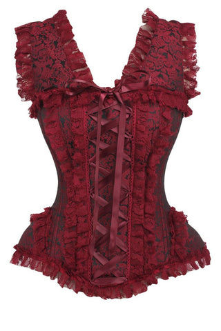 Top Drawer Red/Black Brocade & Lace Steel Boned Corset w/Cap Sleeves