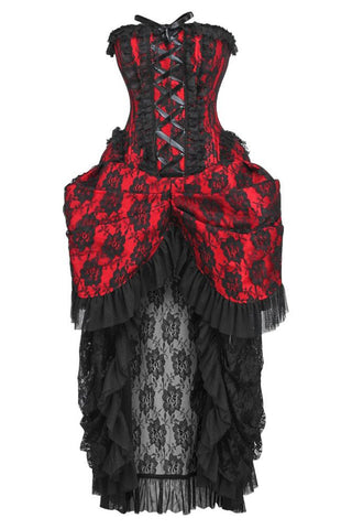 Top Drawer Steel Boned Red w/Black Lace Bustle Corset Dress