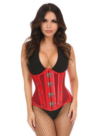 Top Drawer Red Faux Leather & Fishnet Steel Boned Under Bust Corset