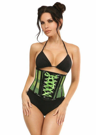 Top Drawer Neon Green Patent & Fishnet Underbust Corset