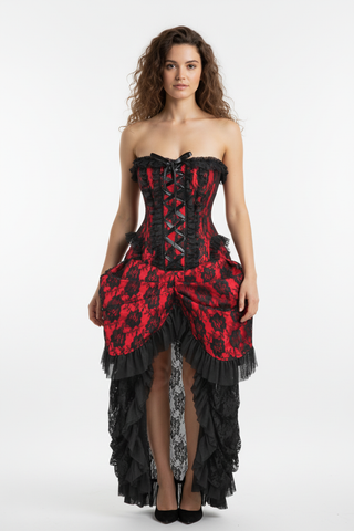 Top Drawer Steel Boned Red w/Black Lace Bustle Corset Dress