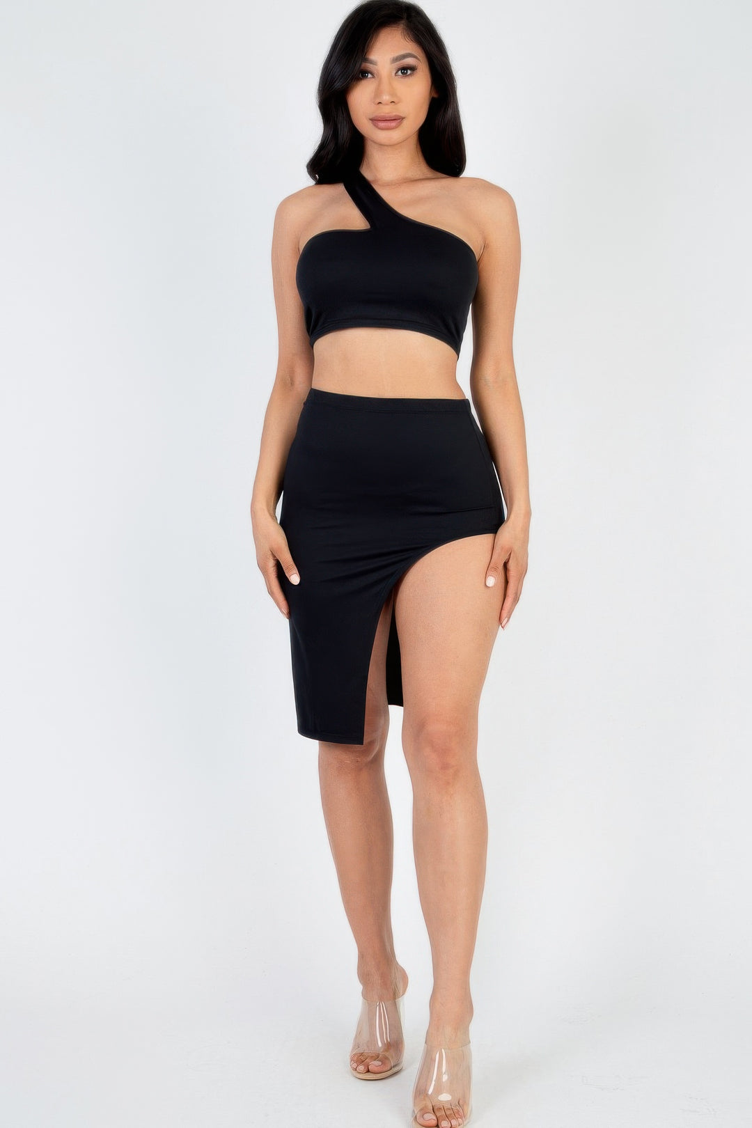 Sexy Solid One Shoulder Crop Top & Split Thigh Midi Skirt Set