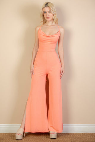 Ribbed Cowl Neck Backless Split Wide Leg Jumpsuit