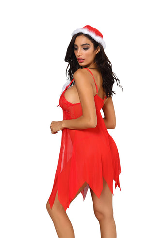 YesX YX947 3pc Red/White Hat, Babydoll & Thong