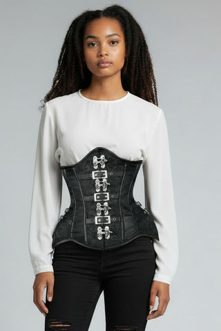 Top Drawer Black Brocade Steel Boned Underbust Corset w/Buckles