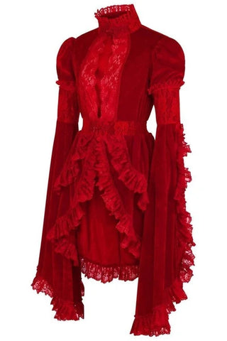 Dark Red Velvet & Lace Ruffled Jacket