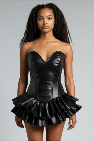 Black Faux Leather Steel Boned Mini Corset Dress