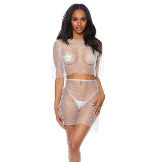 Sequin Swirl Two Piece Fishnet Top & Skirt Set