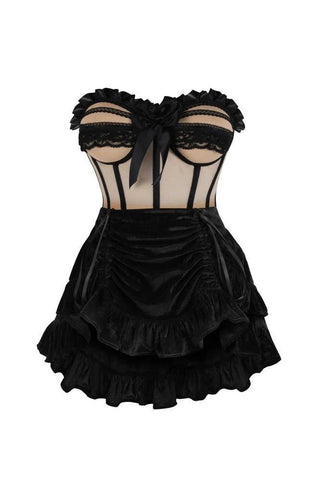 2 PC Steel Boned Nude & Black Mesh Underwire Bustier Corset & Skirt Set
