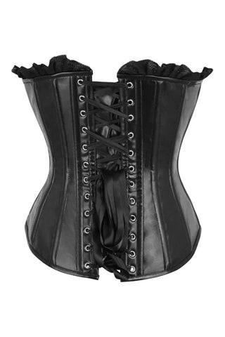 Top Drawer Black Faux Leather & Black Lace Trim Lace-Up Steel Boned Corset