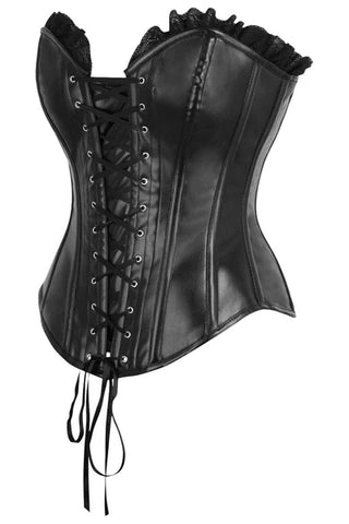 Top Drawer Black Faux Leather & Black Lace Trim Lace-Up Steel Boned Corset