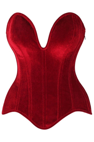 Steel Boned Dark Red Velvet Plunge Neckline Overbust Corset