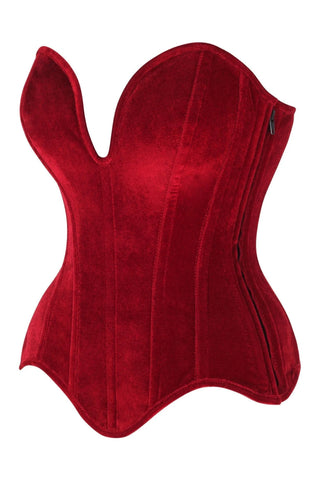 Steel Boned Dark Red Velvet Plunge Neckline Overbust Corset