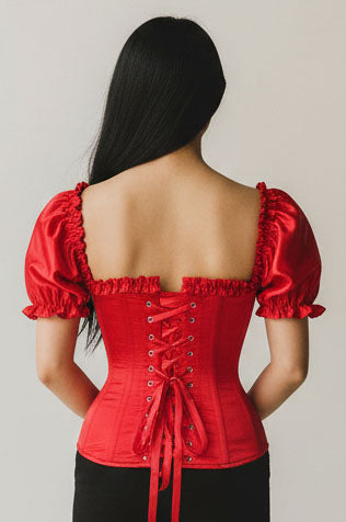 Top Drawer Steel Boned Red Satin Overbust Corset w/Sleeves