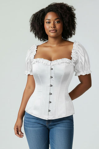 Top Drawer Steel Boned White Satin Overbust Corset w/Sleeves
