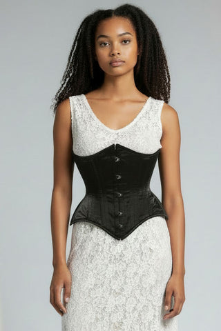 Top Drawer Black Satin Double Steel Boned Curvy Cut Waist Cincher Corset