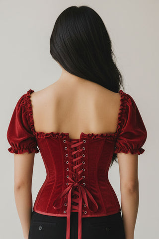 Top Drawer Steel Boned Dark Red Velvet Overbust Corset w/Sleeves
