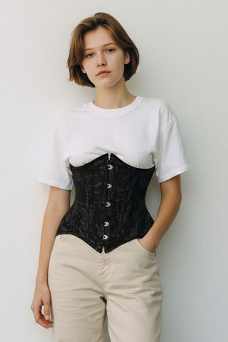 Top Drawer Black w/Black Lace Double Steel Boned Curvy Cut Waist Cincher Corset